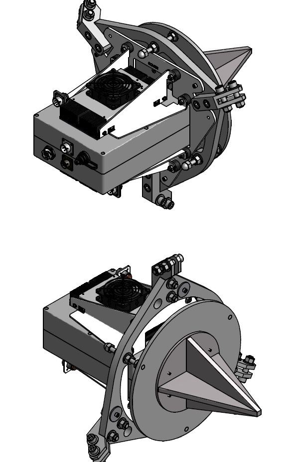 **Figure 1:** Two perspective views of the 2.1-m antenna front end feed package